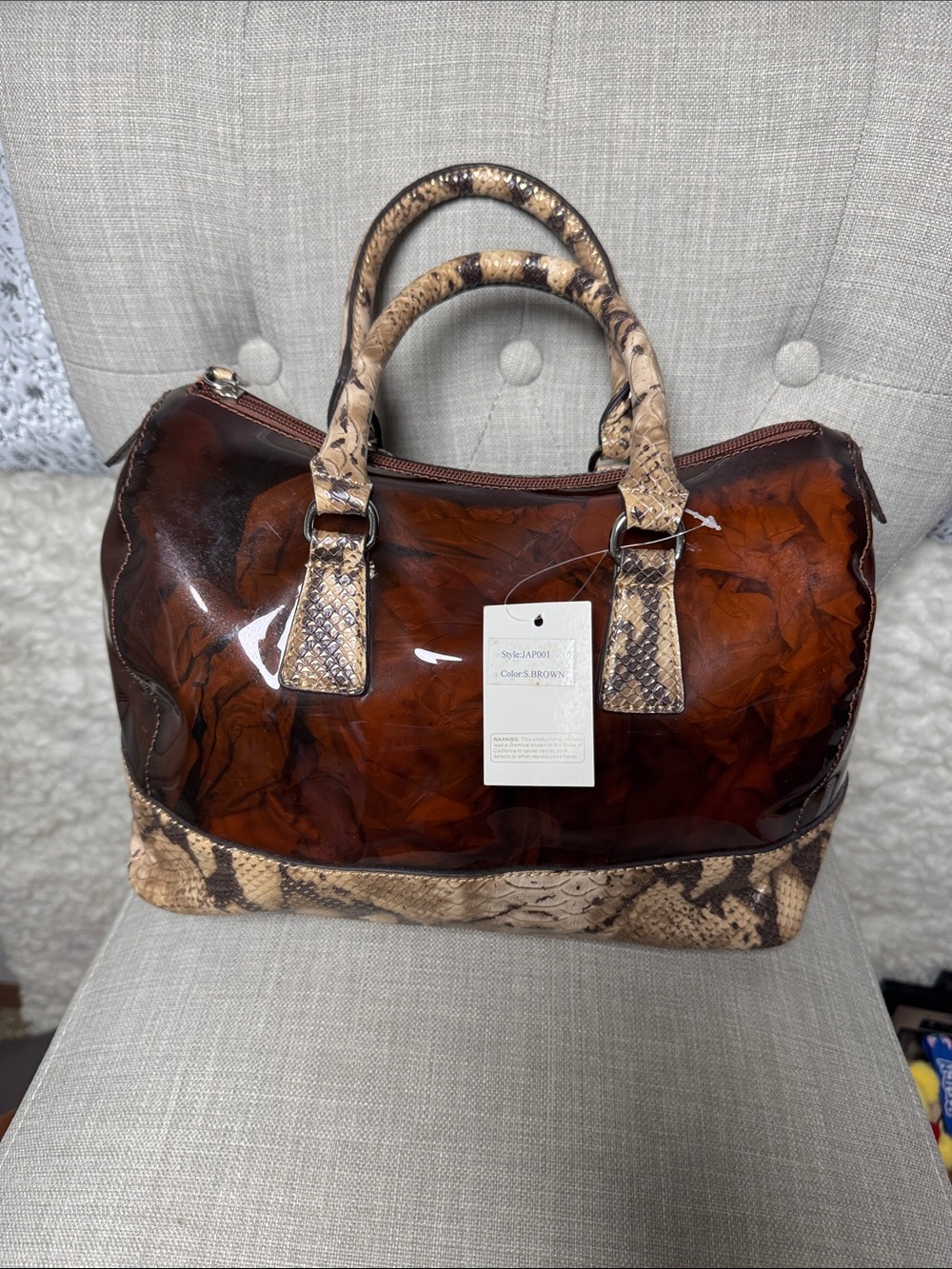 Brown Tortoiseshell Satchel Handbag with Snake-Print Trim